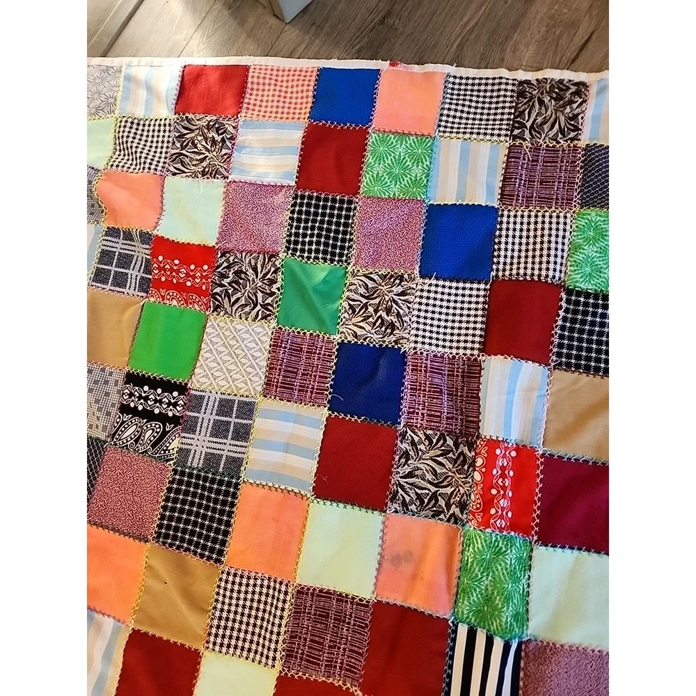 Vtg 60s 70s Patchwork squares Quilt Handmade Colorful Blanket 90